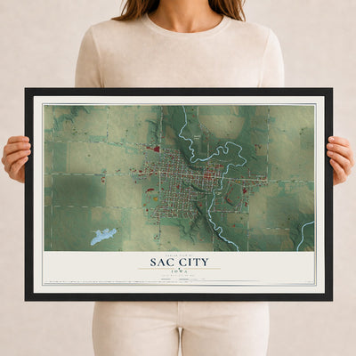 Map of Sac City, Iowa, 12 x 18 inch print in a black wood frame