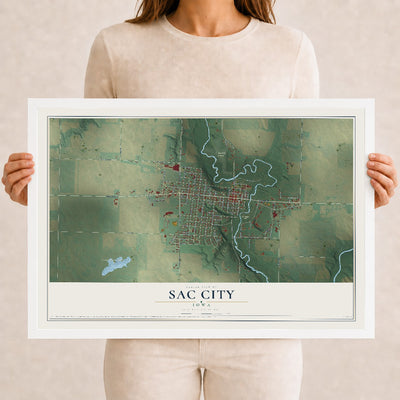 Map of Sac City, Iowa, 12 x 18 inch print in a white wood frame