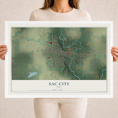 Map of Sac City, Iowa, 18 x 24 inch print in a white wood frame