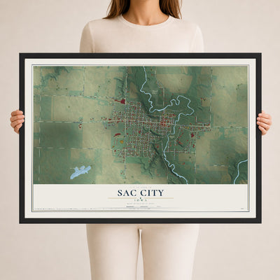 Map of Sac City, Iowa, 24 x 36 inch print in a black wood frame