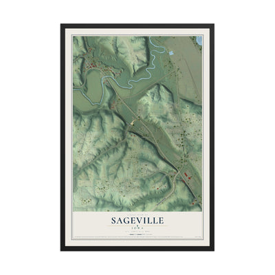 Map of Sageville, Iowa, 12 x 18 inch print in a black wood frame