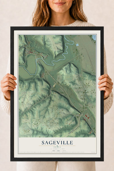 Map of Sageville, Iowa, 18 x 24 inch print in a black wood frame