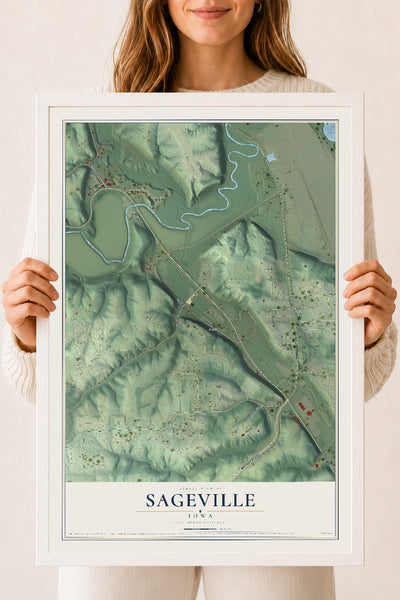 Map of Sageville, Iowa, 18 x 24 inch print in a white wood frame