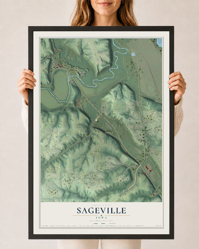 Map of Sageville, Iowa, 24 x 36 inch print in a black wood frame