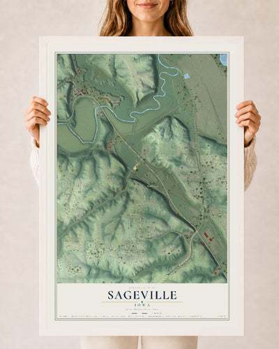 Map of Sageville, Iowa, 24 x 36 inch print in a white wood frame