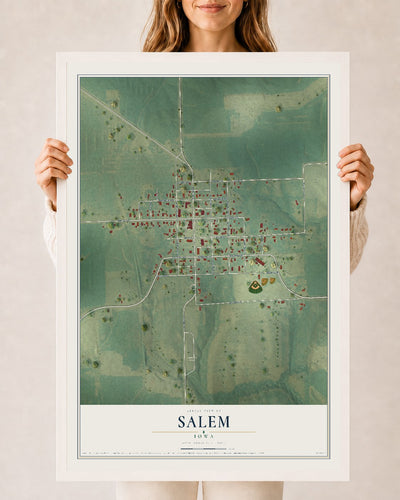 Map of Salem, Iowa, 24 x 36 inch print in a white wood frame