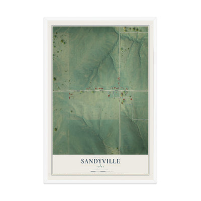 Map of Sandyville, Iowa, 12 x 18 inch print in a white wood frame