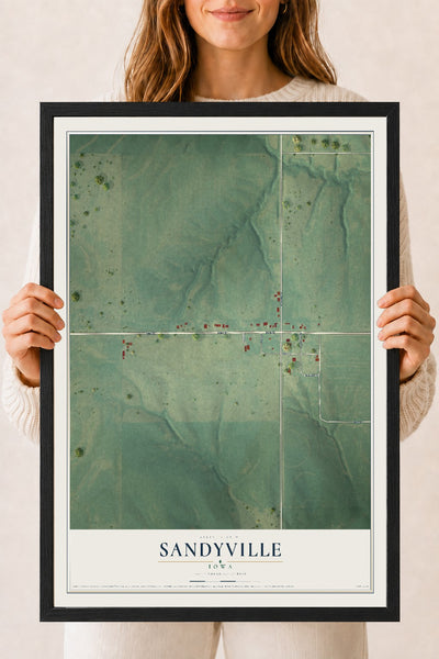 Map of Sandyville, Iowa, 18 x 24 inch print in a black wood frame