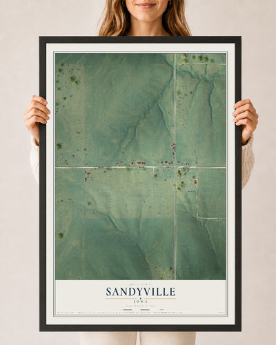 Map of Sandyville, Iowa, 24 x 36 inch print in a black wood frame
