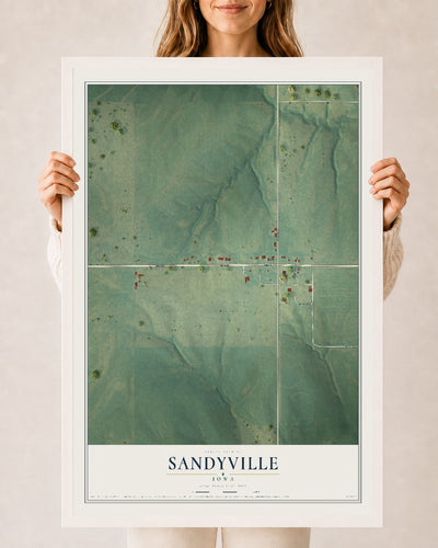 Map of Sandyville, Iowa, 24 x 36 inch print in a white wood frame