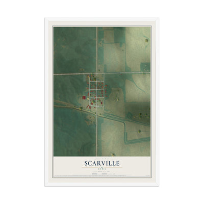 Map of Scarville, Iowa, 12 x 18 inch print in a white wood frame