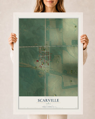 Map of Scarville, Iowa, 24 x 36 inch print in a white wood frame