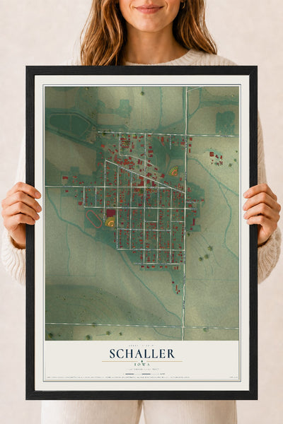 Map of Schaller, Iowa, 18 x 24 inch print in a black wood frame