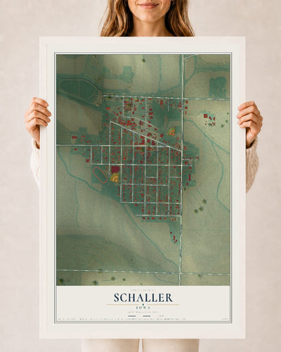 Map of Schaller, Iowa, 24 x 36 inch print in a white wood frame