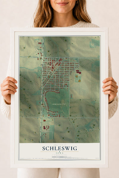 Map of Schleswig, Iowa, 18 x 24 inch print in a white wood frame