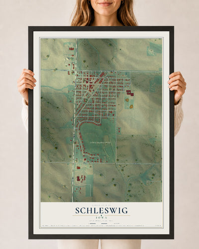 Map of Schleswig, Iowa, 24 x 36 inch print in a black wood frame