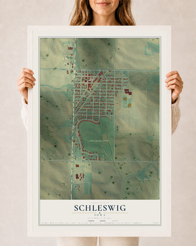 Map of Schleswig, Iowa, 24 x 36 inch print in a white wood frame