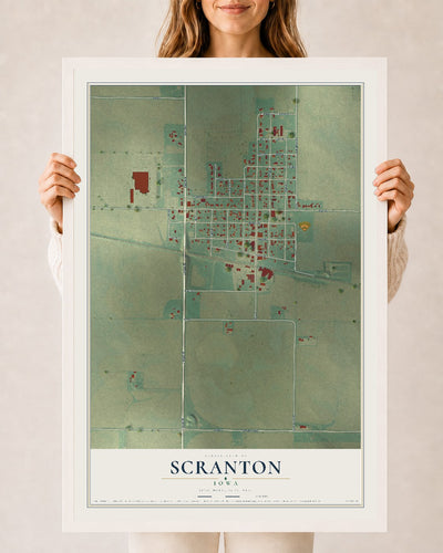 Map of Scranton, Iowa, 24 x 36 inch print in a white wood frame