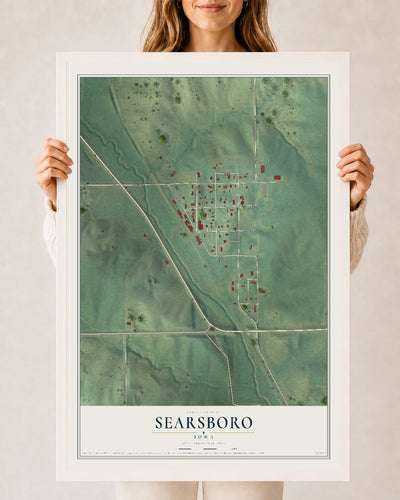 Map of Searsboro, Iowa, 24 x 36 inch print in a white wood frame