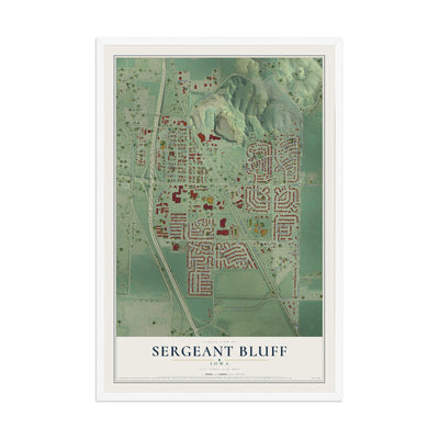 Map of Sergeant Bluff, Iowa, 12 x 18 inch print in a white wood frame