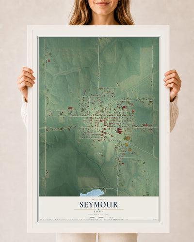 Map of Seymour, Iowa, 24 x 36 inch print in a white wood frame
