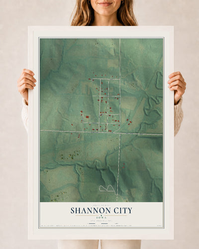 Map of Shannon City, Iowa, 24 x 36 inch print in a white wood frame