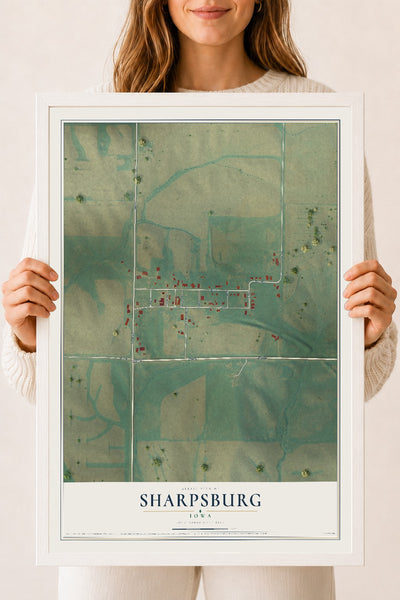 Map of Sharpsburg, Iowa, 18 x 24 inch print in a white wood frame