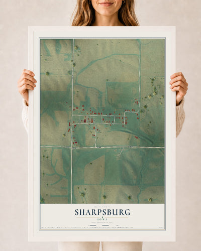 Map of Sharpsburg, Iowa, 24 x 36 inch print in a white wood frame