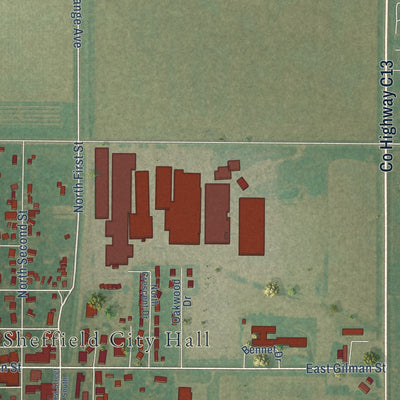 Second close-up of the map of Sheffield, Iowa print showing more streets and buildings