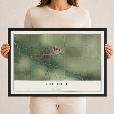 Map of Sheffield, Iowa, 12 x 18 inch print in a black wood frame