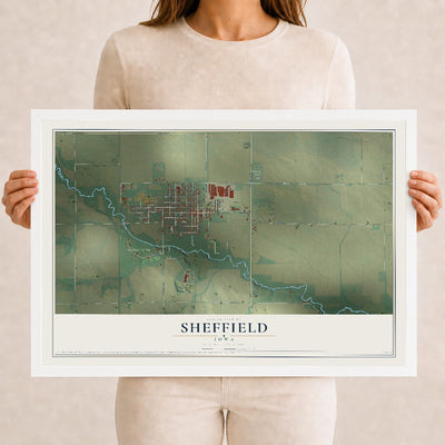 Map of Sheffield, Iowa, 12 x 18 inch print in a white wood frame