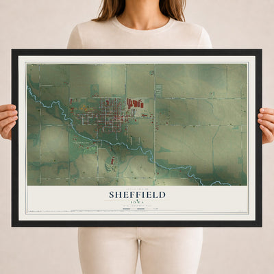 Map of Sheffield, Iowa, 18 x 24 inch print in a black wood frame