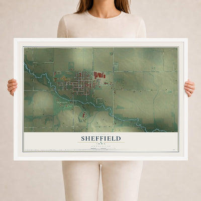 Map of Sheffield, Iowa, 24 x 36 inch print in a white wood frame