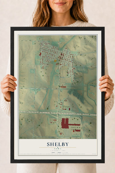 Map of Shelby, Iowa, 18 x 24 inch print in a black wood frame