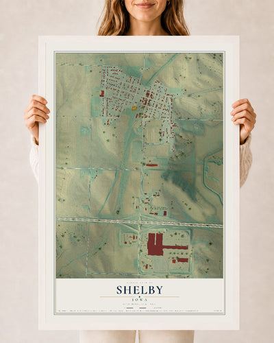 Map of Shelby, Iowa, 24 x 36 inch print in a white wood frame