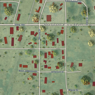 Close-up of the map of Sheldahl, Iowa print showing street and building detail