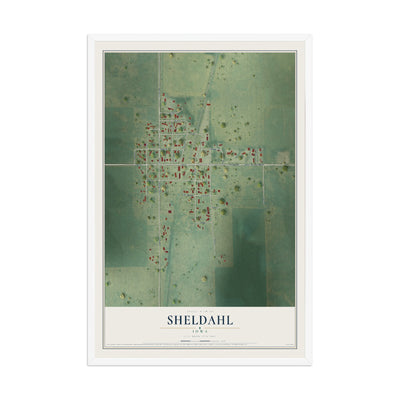 Map of Sheldahl, Iowa, 12 x 18 inch print in a white wood frame