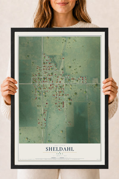 Map of Sheldahl, Iowa, 18 x 24 inch print in a black wood frame