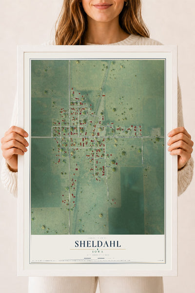 Map of Sheldahl, Iowa, 18 x 24 inch print in a white wood frame