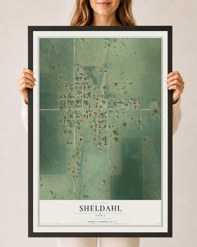 Map of Sheldahl, Iowa, 24 x 36 inch print in a black wood frame
