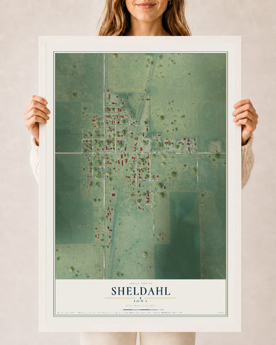 Map of Sheldahl, Iowa, 24 x 36 inch print in a white wood frame