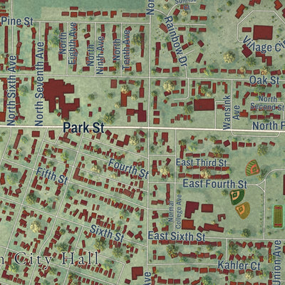 Close-up of the map of Sheldon, Iowa print showing street and building detail