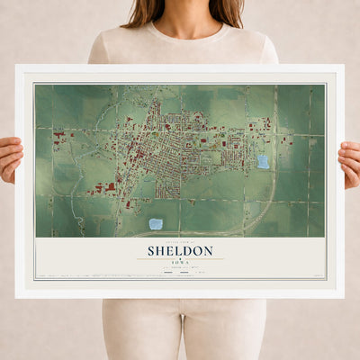 Map of Sheldon, Iowa, 18 x 24 inch print in a white wood frame