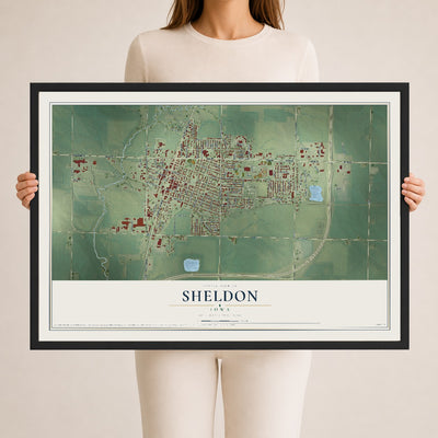 Map of Sheldon, Iowa, 24 x 36 inch print in a black wood frame