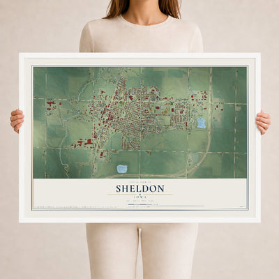 Map of Sheldon, Iowa, 24 x 36 inch print in a white wood frame