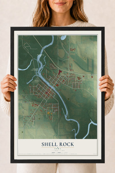 Map of Shell Rock, Iowa, 18 x 24 inch print in a black wood frame