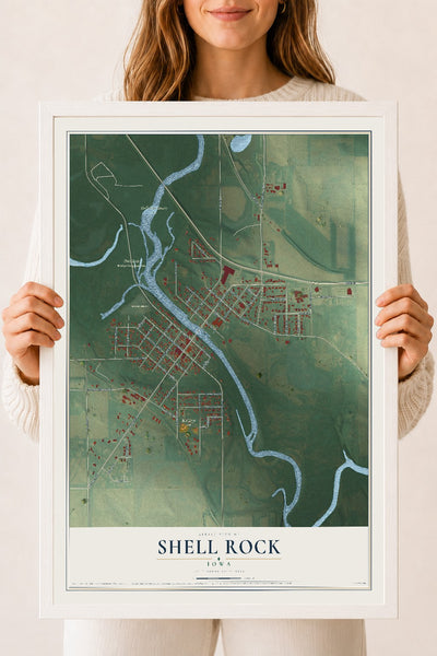 Map of Shell Rock, Iowa, 18 x 24 inch print in a white wood frame