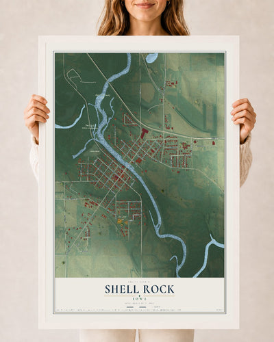 Map of Shell Rock, Iowa, 24 x 36 inch print in a white wood frame