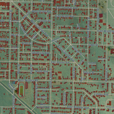 Close-up of the map of Shenandoah, Iowa print showing street and building detail