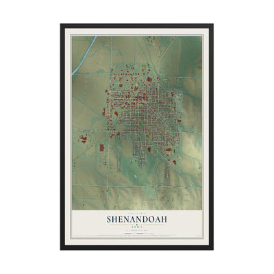 Map of Shenandoah, Iowa, 12 x 18 inch print in a black wood frame